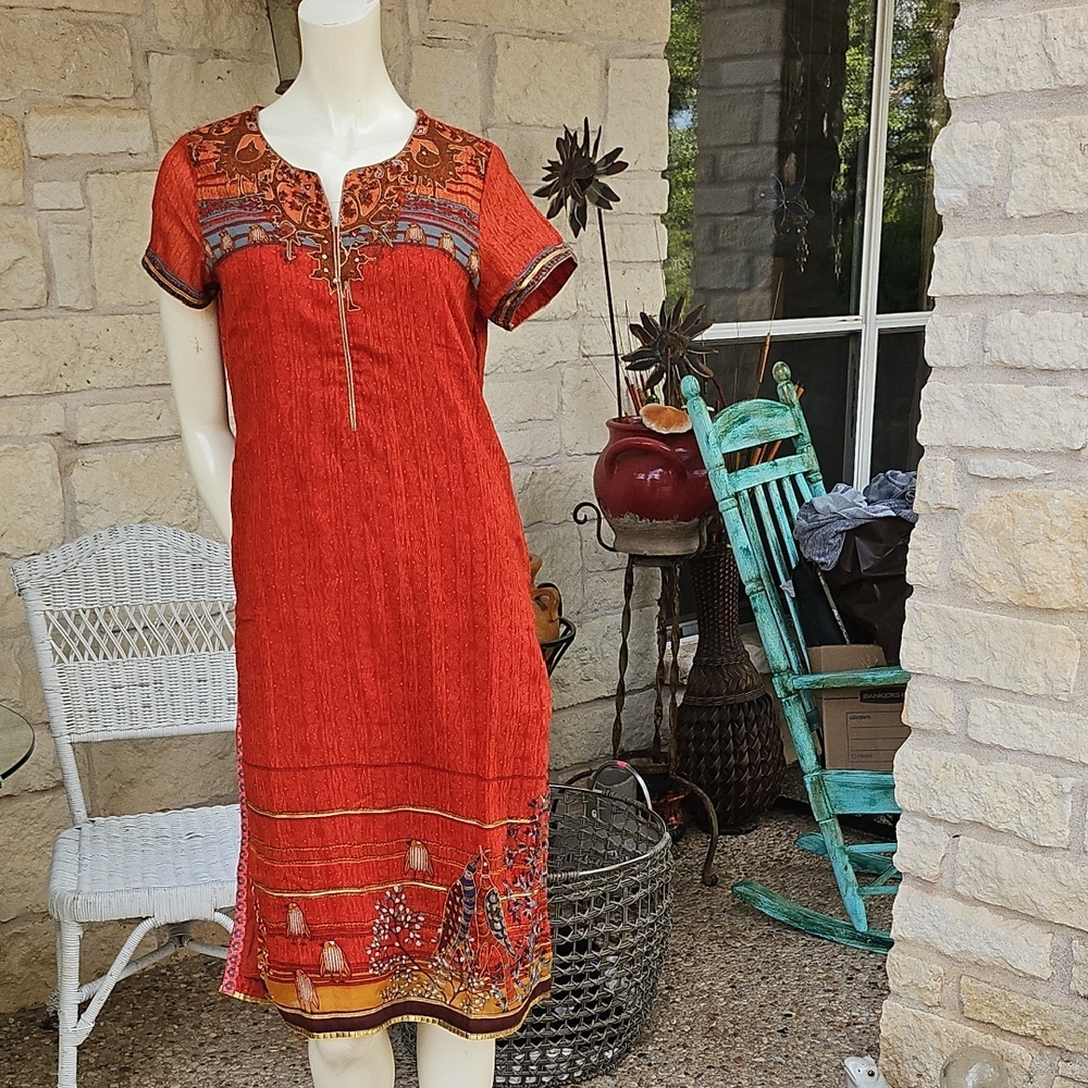 BIBA KURTI Mid Length Lined Red Orange Gold Embroidered Birds Dress 34